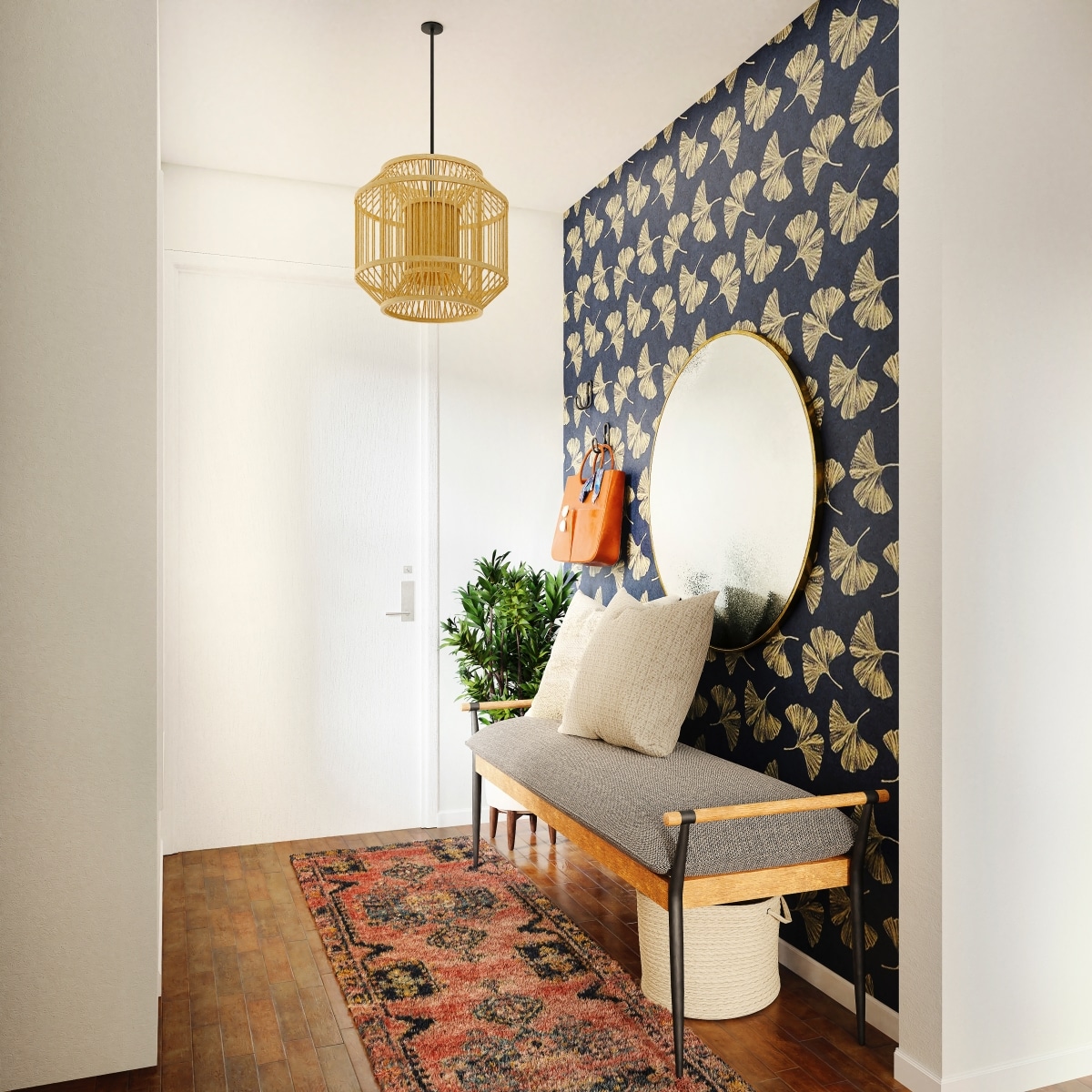 hallway bench on accent wall
